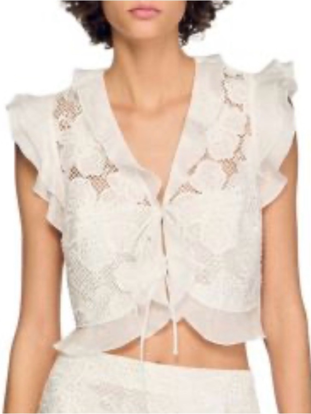 Sandro Nayana Lace Crochet Tie-Front Crop Top - White